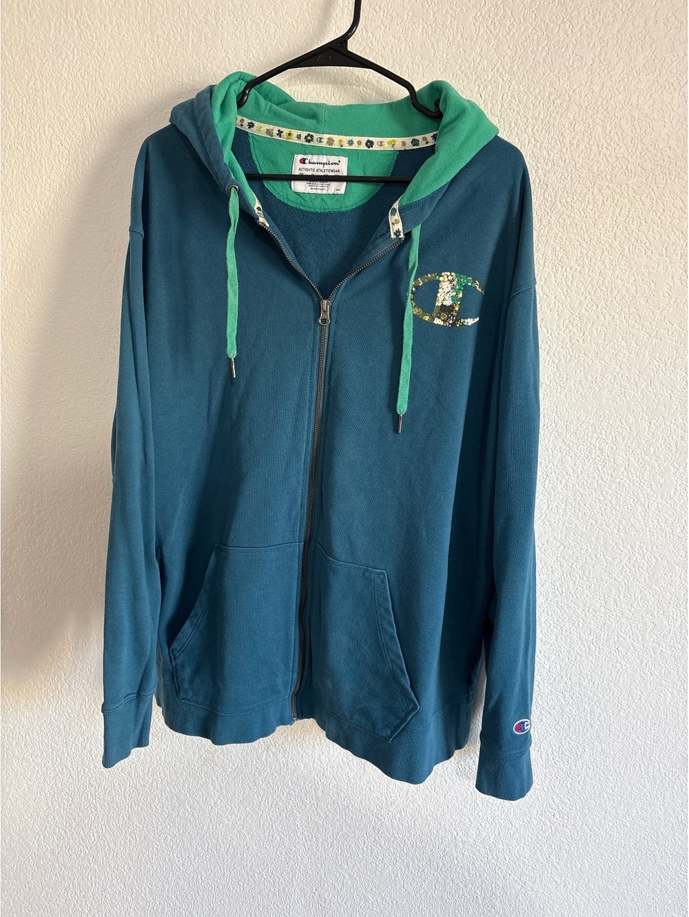 Champion Authentic Athleticwear Women's Zip-Up Hoodie, Size 3X, Blue with Floral